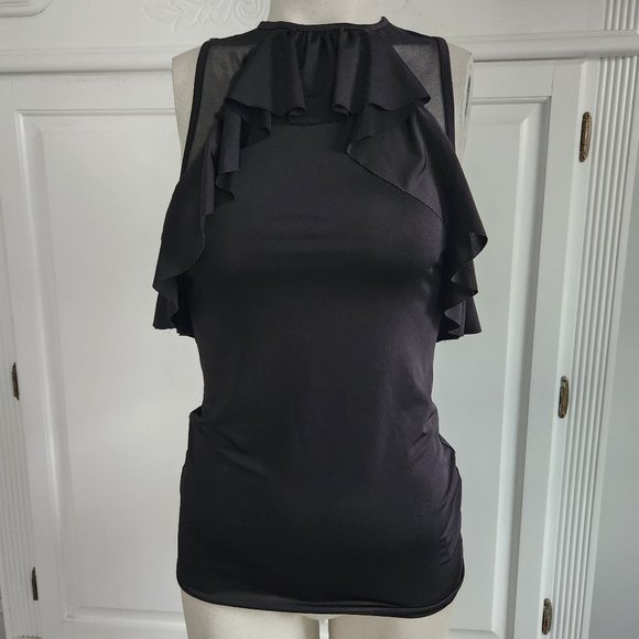 bebe Black Sleeveless Top With Mesh and Keyhole Back, Size Small - Picture 2 of 13